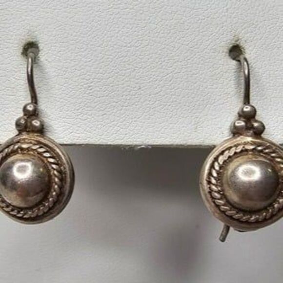 SU 925 Sterling Silver Dome Earrings Vintage Round w/ Twisted Rope Locking Hook - Picture 1 of 4